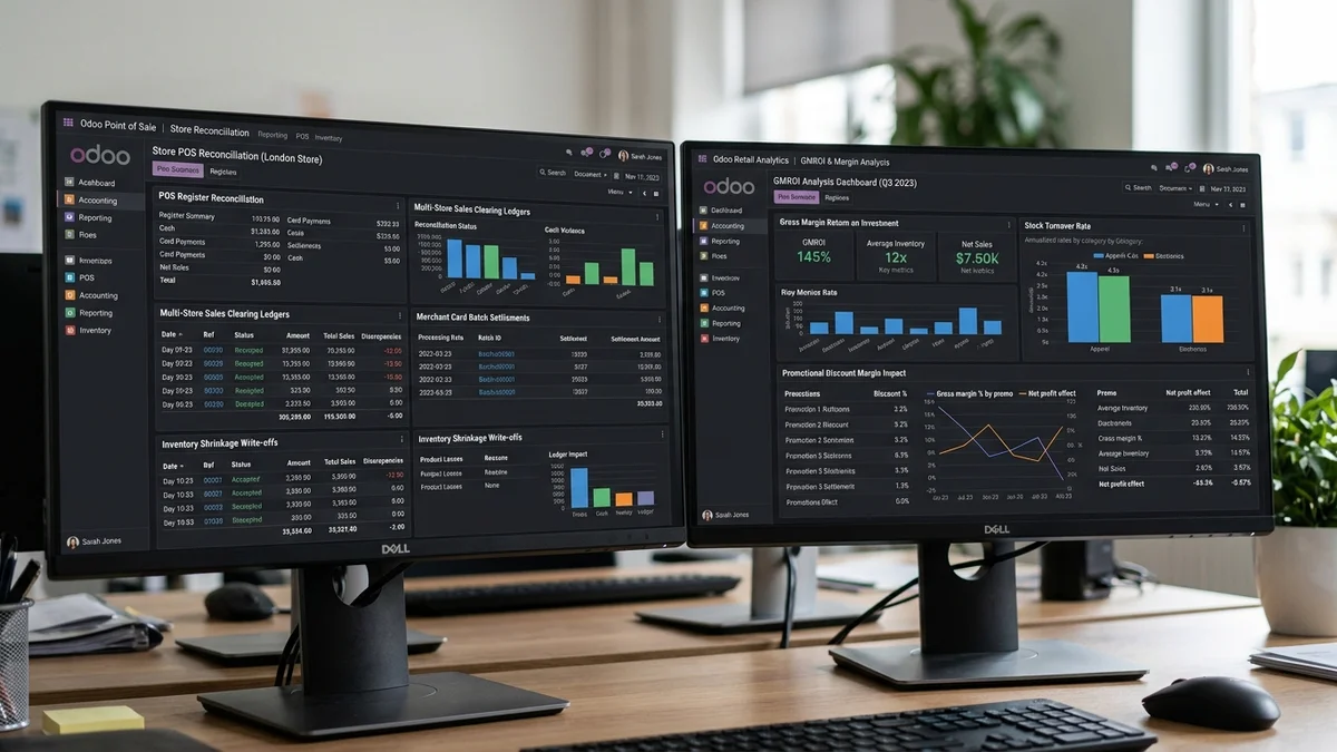 Odoo for Retail Business accounting dashboard and reports on dual monitors