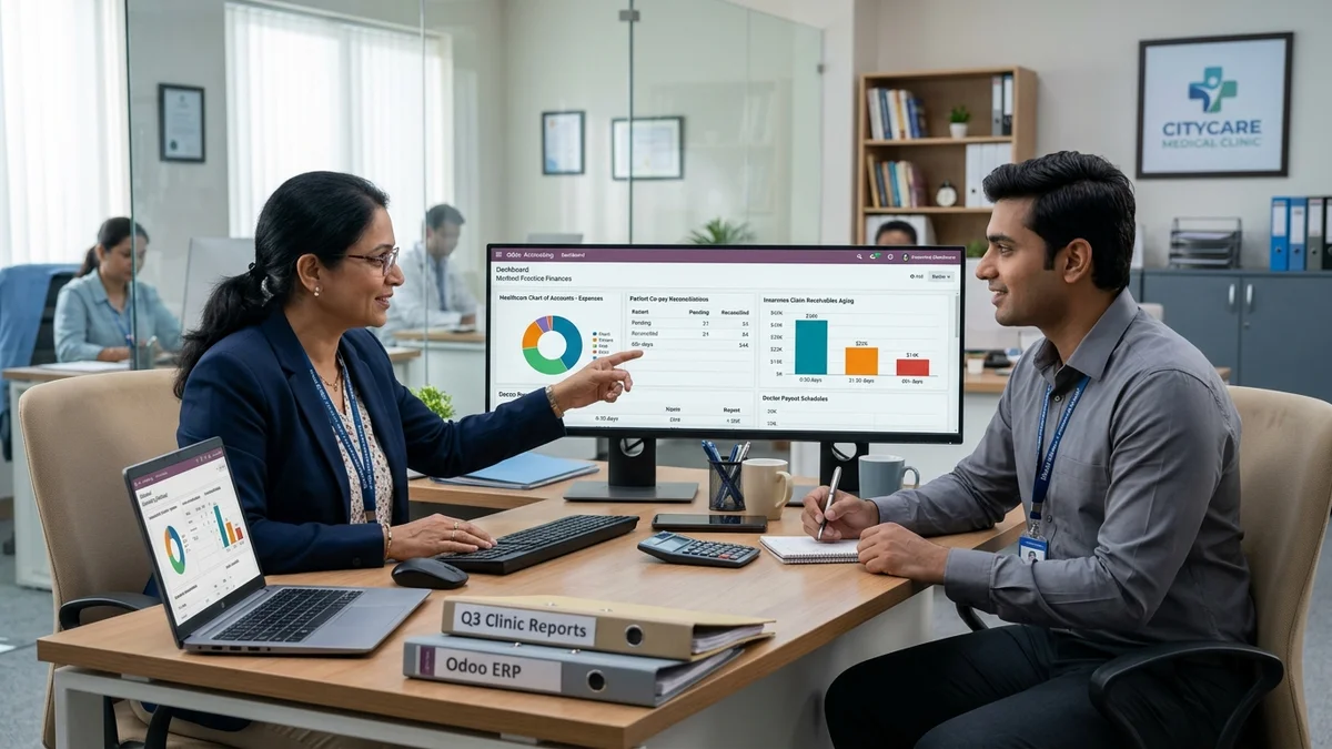 Odoo for Healthcare Business accounting team reviewing reports at modern desk
