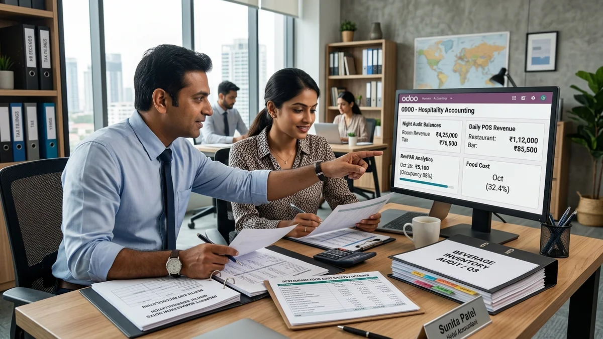 Odoo for Hospitality Business accounting team reviewing reports at modern desk