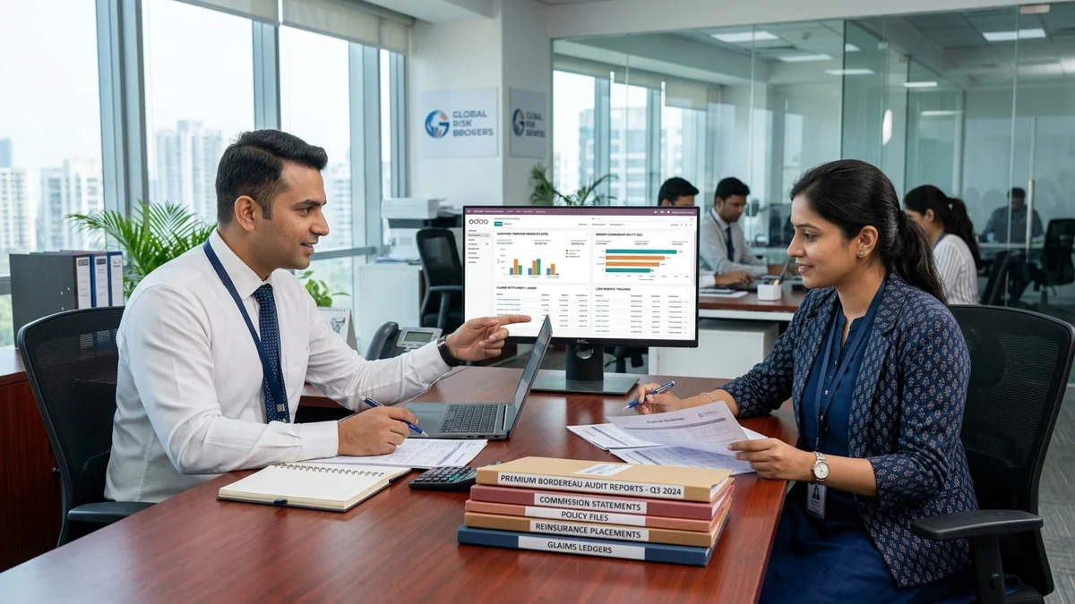 Odoo for Insurance Business accounting team reviewing reports at modern desk