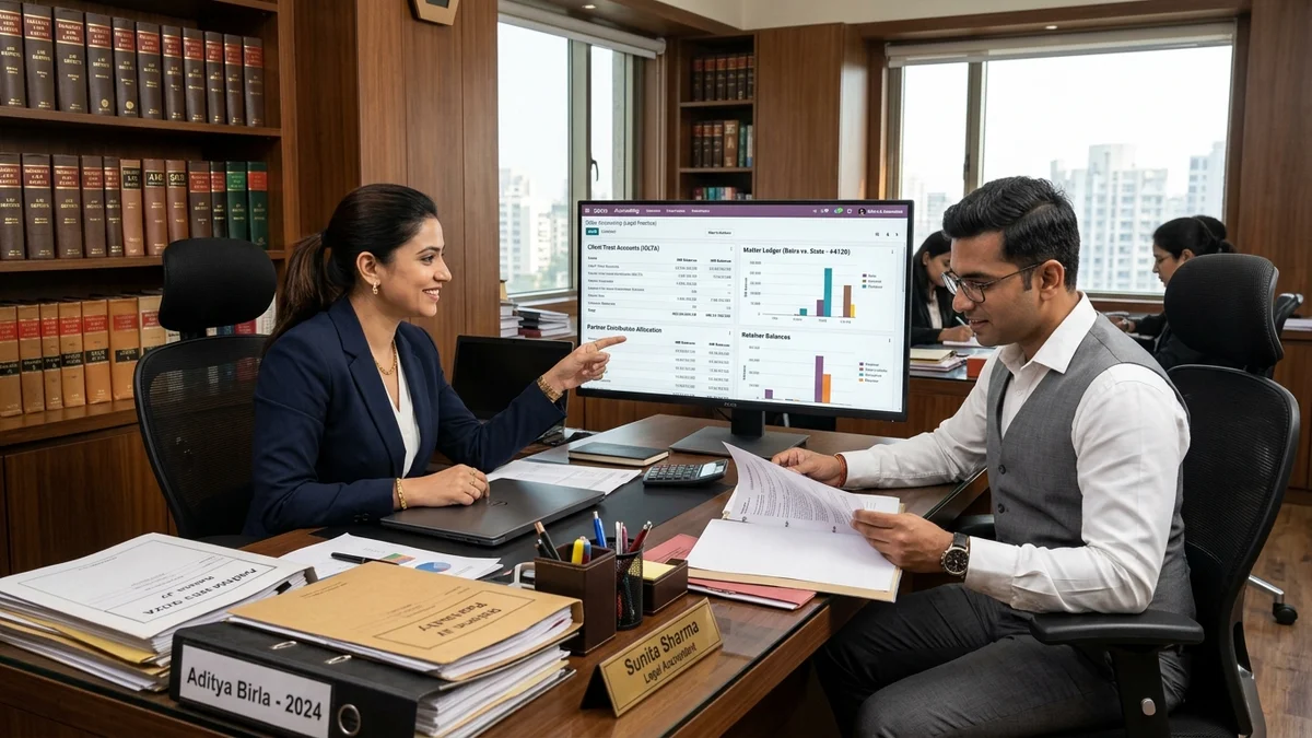 Odoo for Legal Business accounting team reviewing reports at modern desk