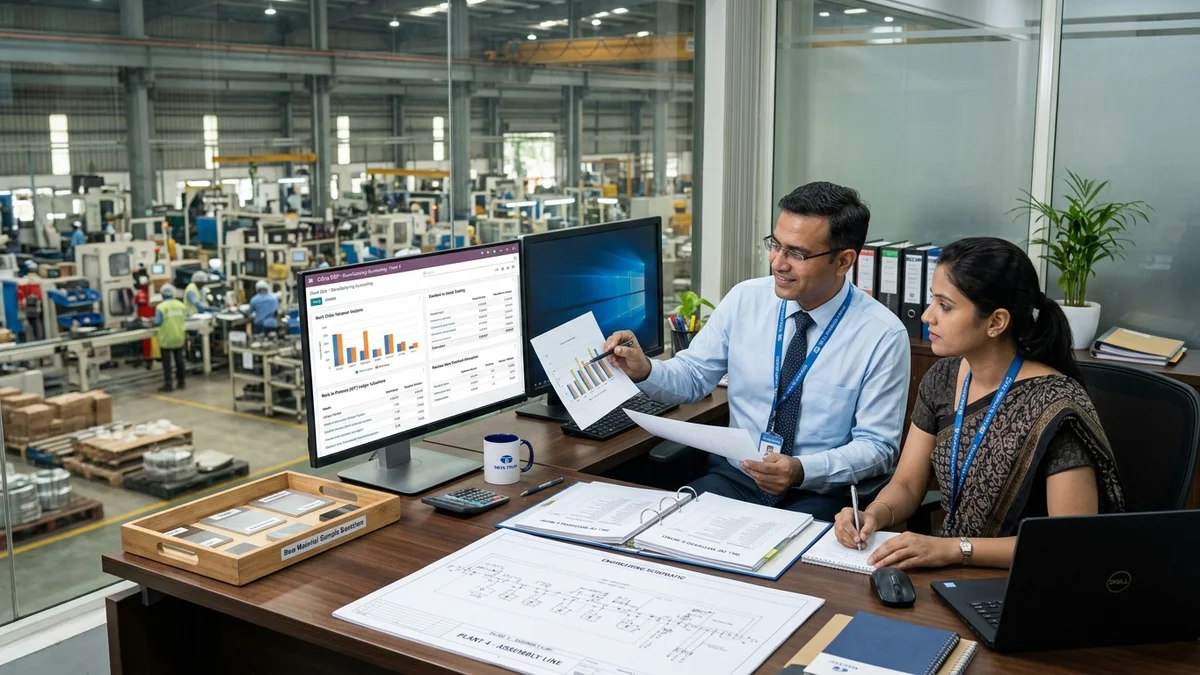 Odoo for Manufacturing Companies accounting team reviewing reports at modern desk