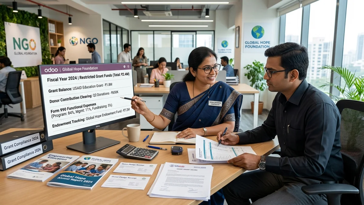 Odoo for Nonprofits accounting team reviewing reports at modern desk