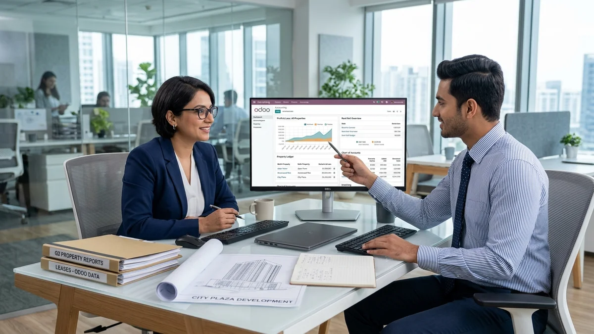 Odoo for Real Estate Business accounting team reviewing reports at modern desk