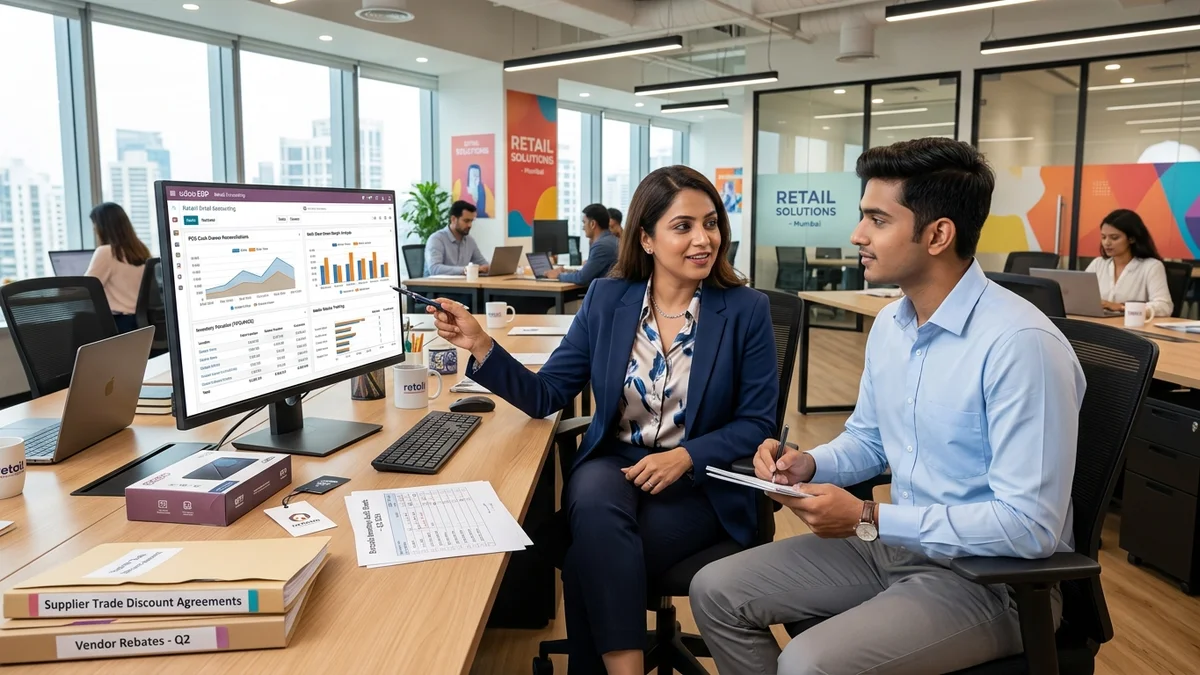 Odoo for Retail Business accounting team reviewing reports at modern desk