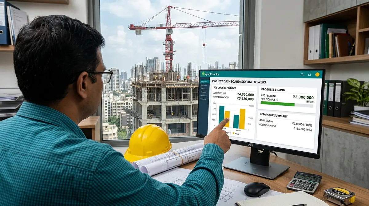 QuickBooks Certified advisor and site office team reviewing construction business accounts