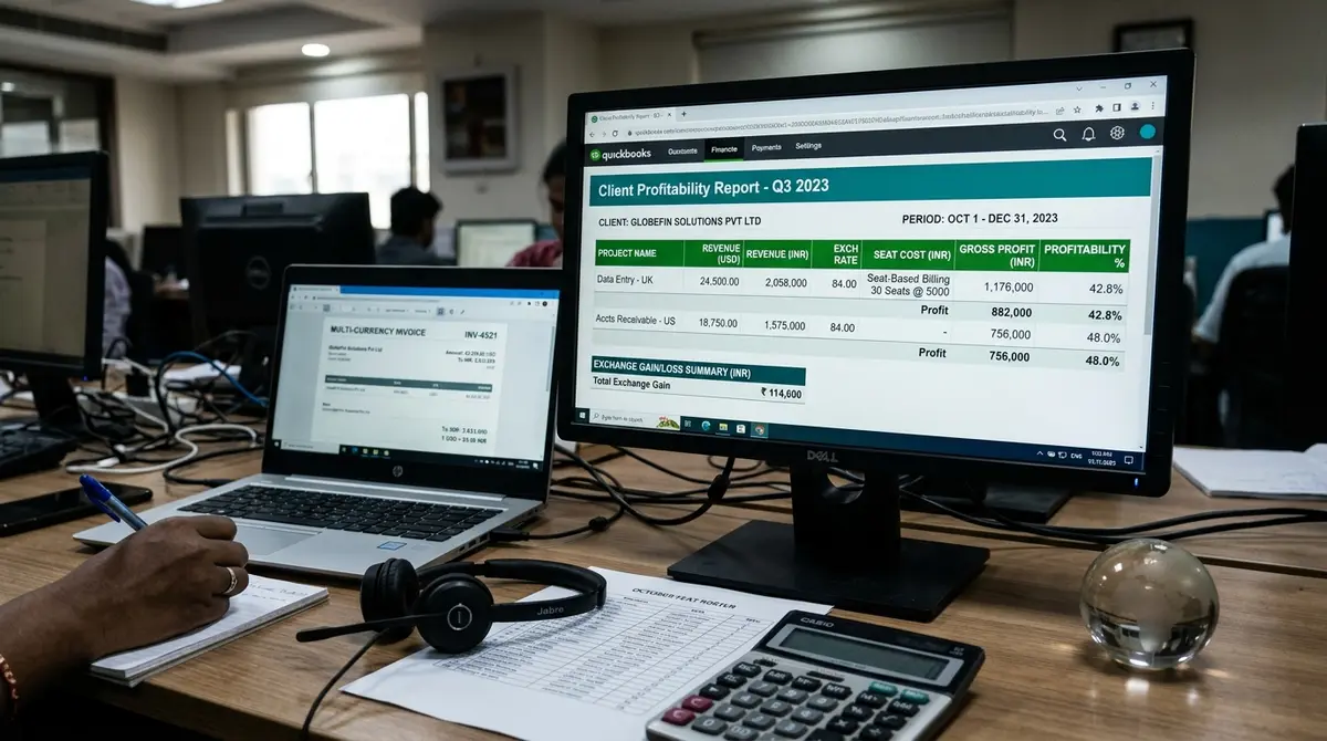QuickBooks for BPO business margin reports on two monitors in an operations office