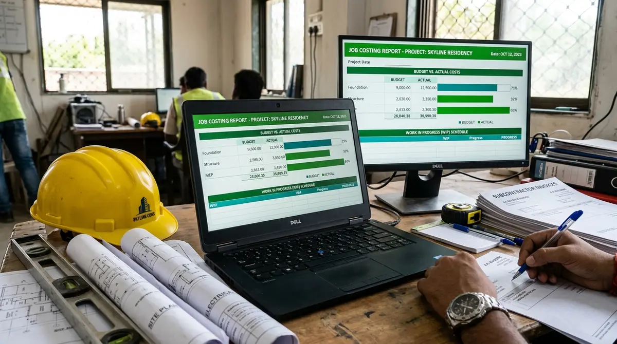 QuickBooks for construction business job cost reports on two monitors in a site office