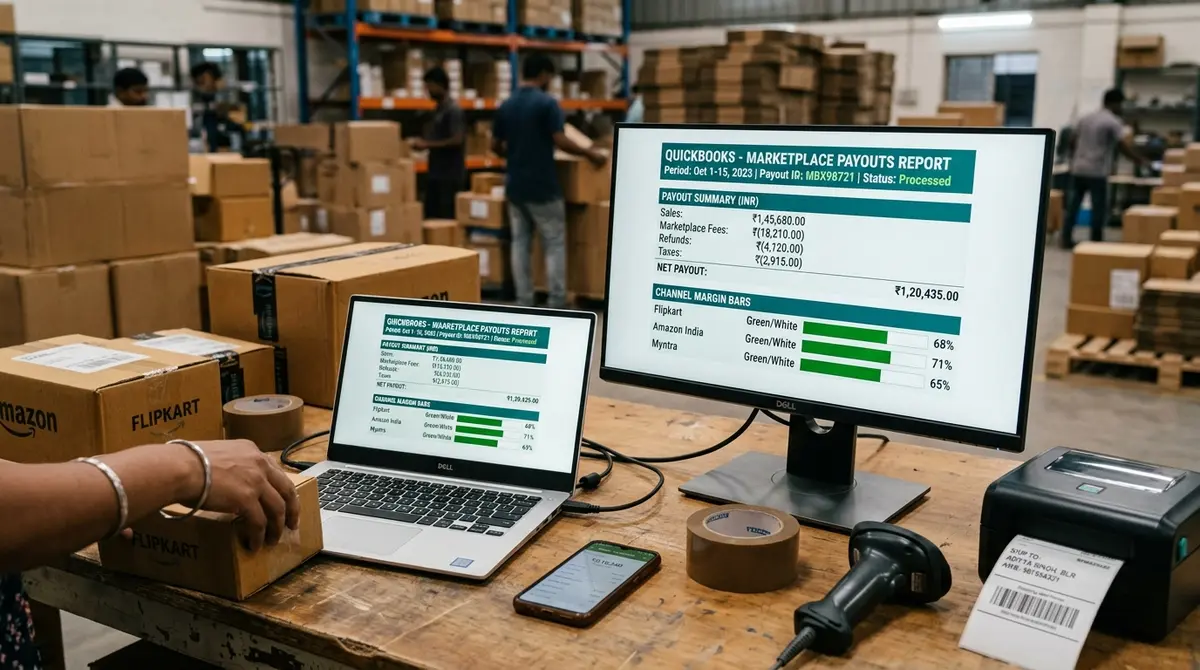 QuickBooks for ecommerce business channel margin reports on two monitors in a warehouse office