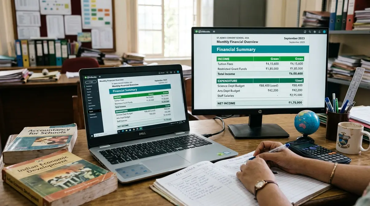 QuickBooks for educational institutions budget reports on two monitors in a school office