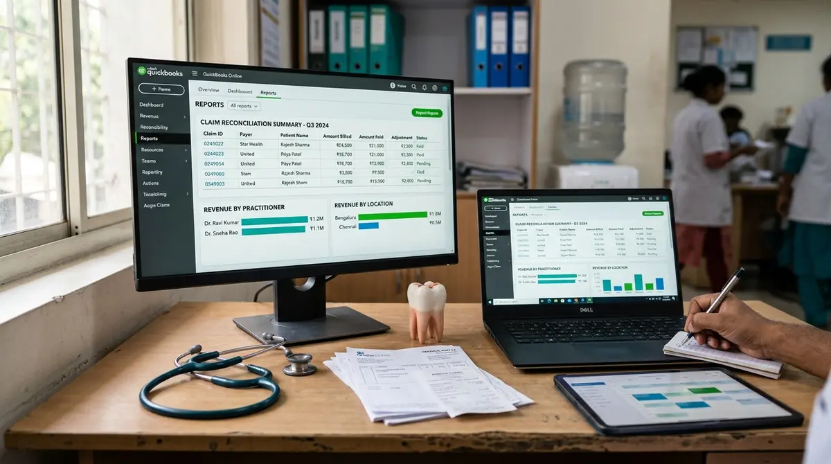 QuickBooks for healthcare business reports on two monitors in a clinic back office