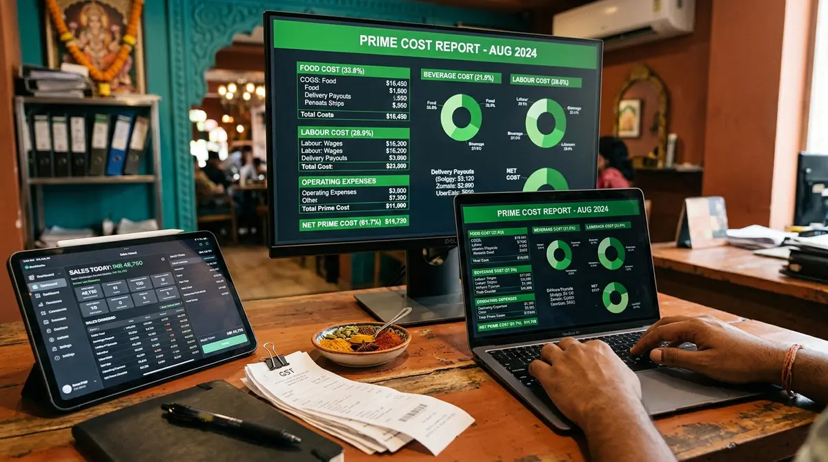 QuickBooks for hospitality business sales reports on two monitors in a restaurant office