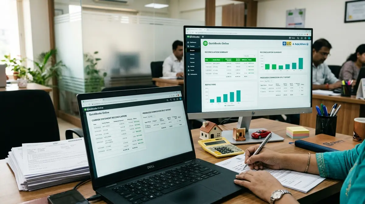 QuickBooks for insurance business commission reports on two monitors in an agency office