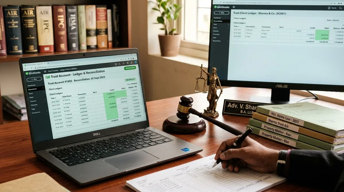 QuickBooks for legal business trust ledger reports on two monitors in a law office