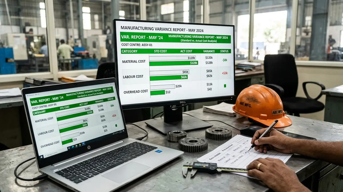 QuickBooks for manufacturing companies variance reports on two monitors in a plant office