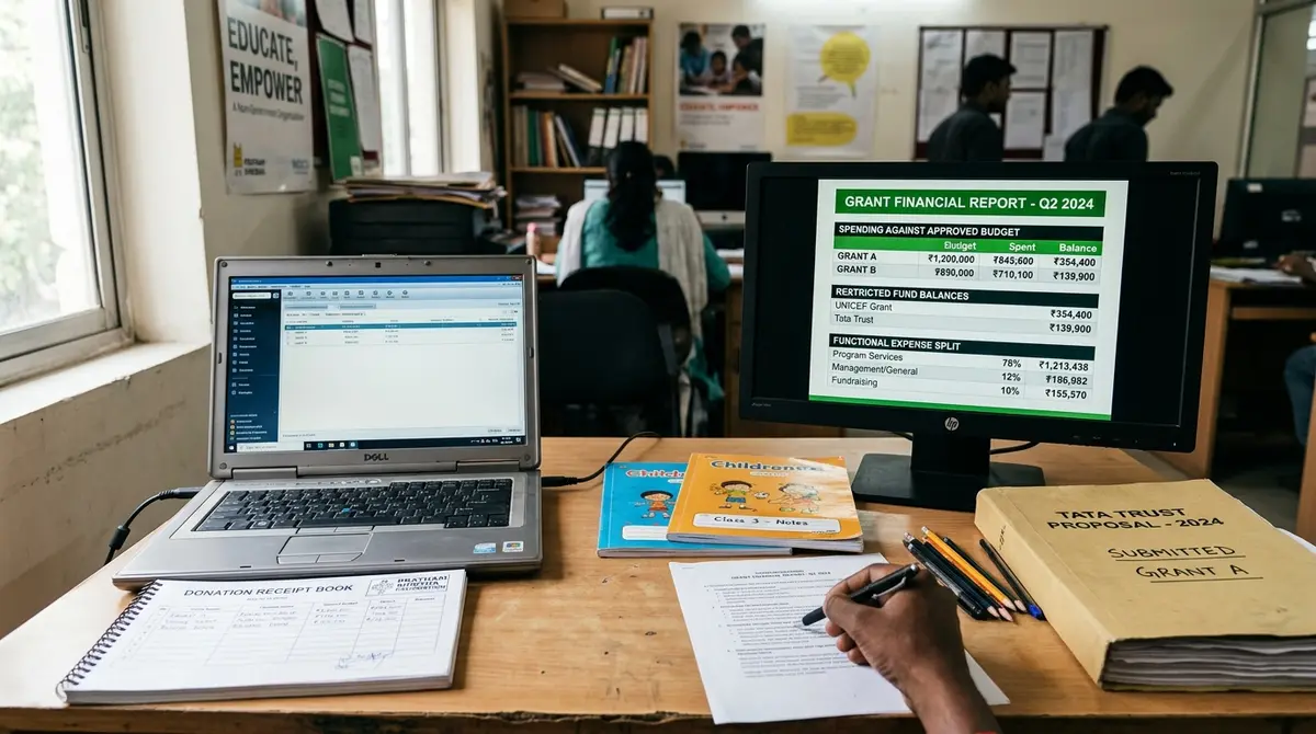QuickBooks for nonprofits grant reports on two monitors in a nonprofit office