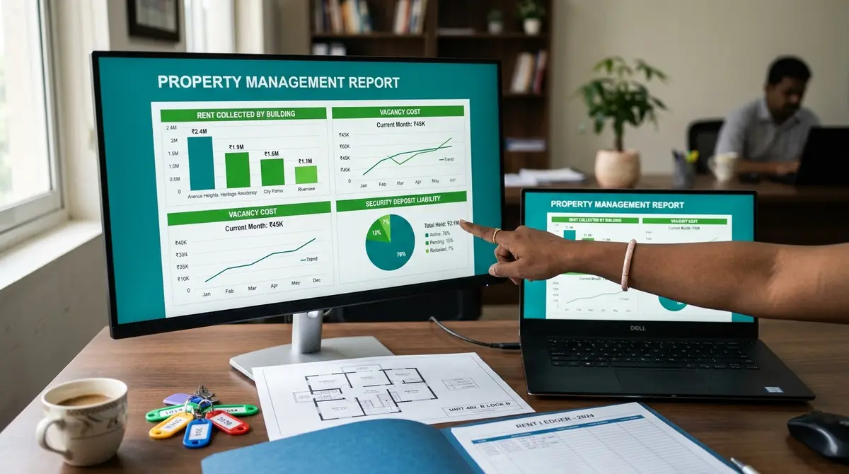QuickBooks for real estate business rent reports on two monitors in a property office