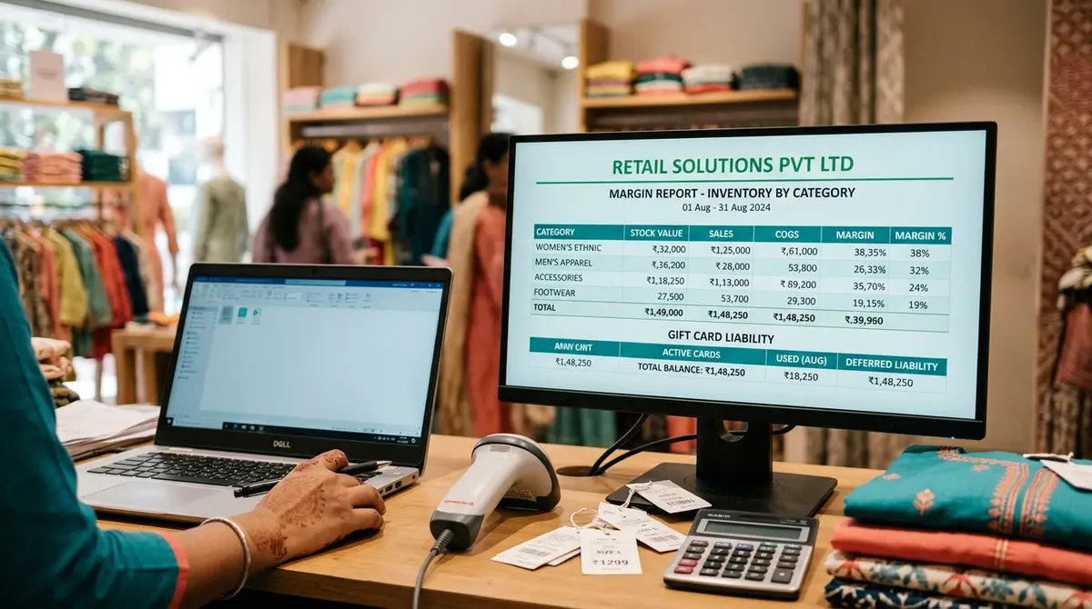QuickBooks for retail business margin reports on two monitors in a store back office