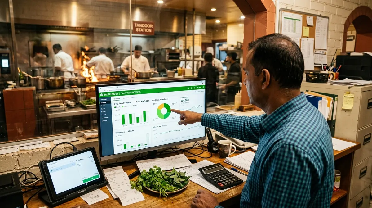 QuickBooks Certified advisor and restaurant managers reviewing hospitality business accounts