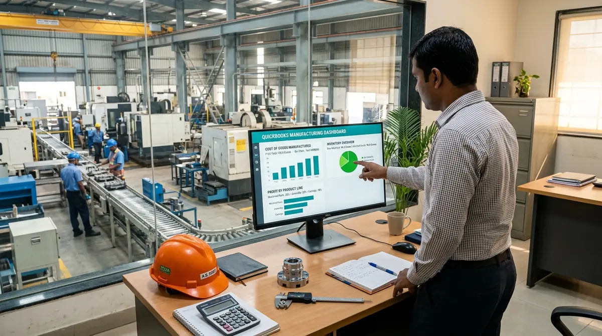 QuickBooks Certified advisor and plant office team reviewing manufacturing company accounts