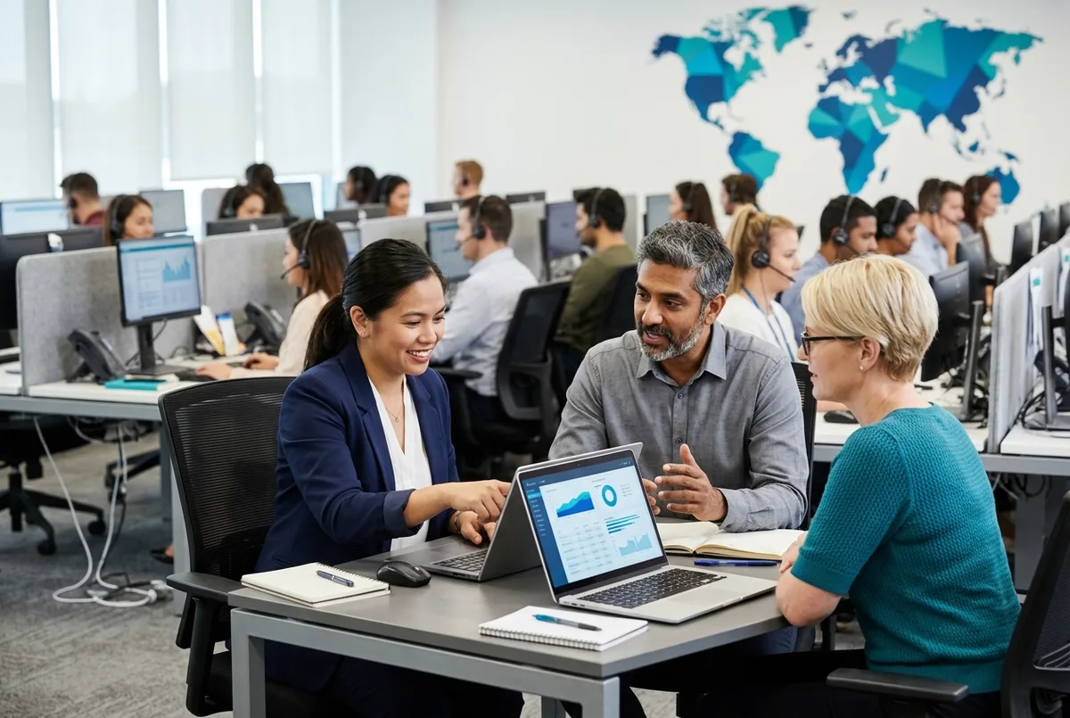Reckon for BPO business accounting team reviewing client billing in a contact center with a world map