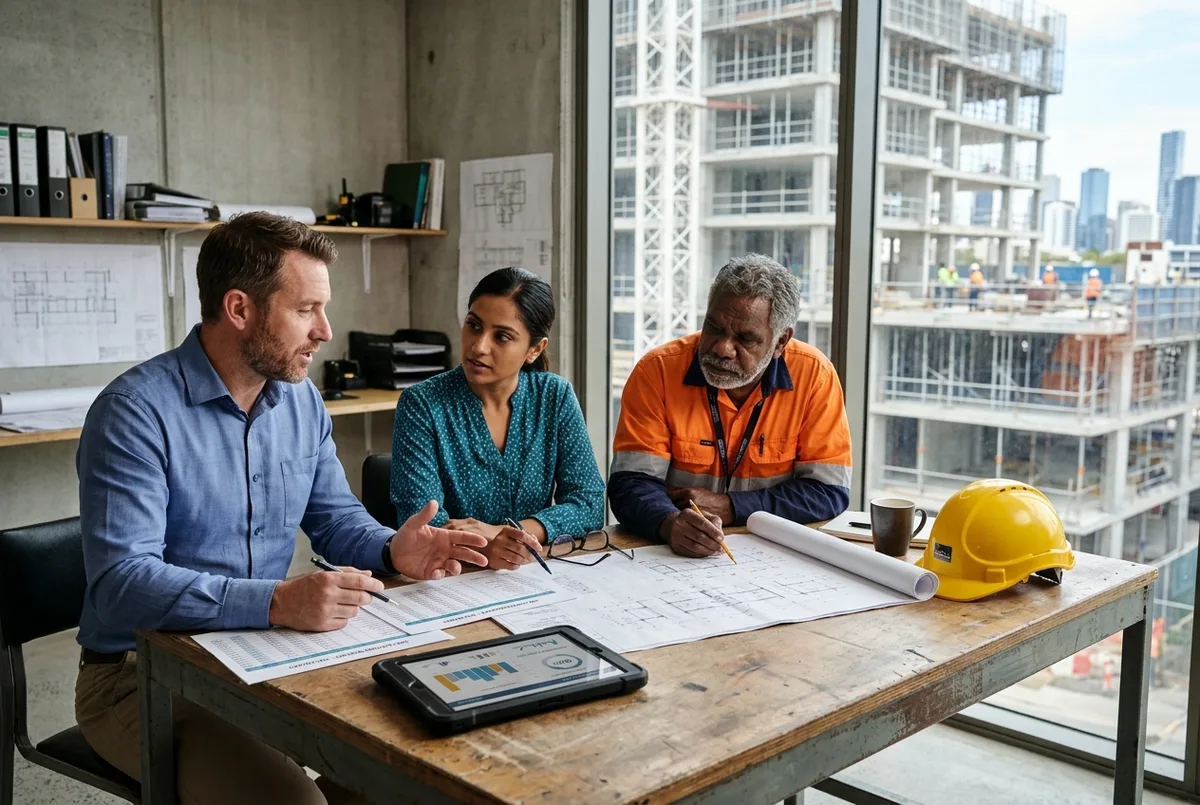Reckon for Construction business accounting team reviewing job costs beside a hard hat and blueprints