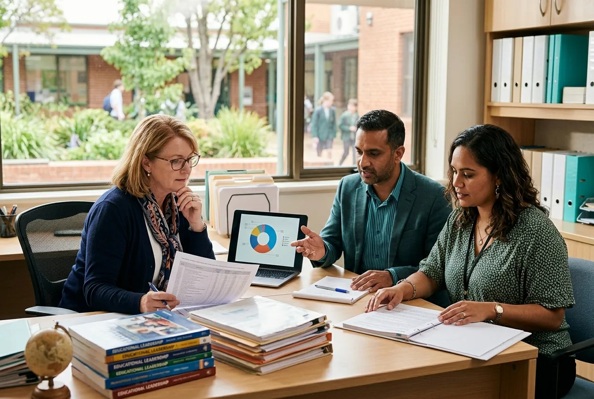 Reckon for Educational Institutions accounting team reviewing tuition ledgers in a school bursar office with textbooks and a globe
