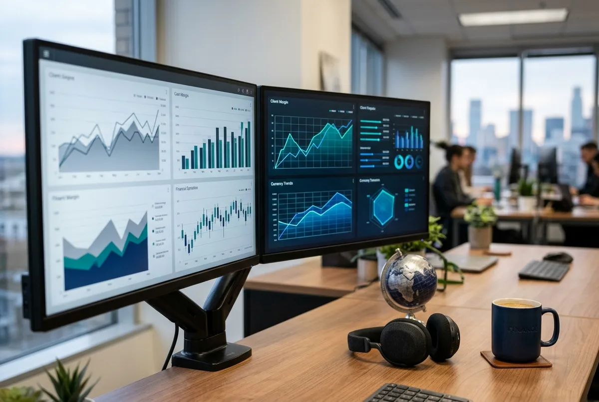 Reckon for BPO business financial reports on dual monitors in a service delivery hub