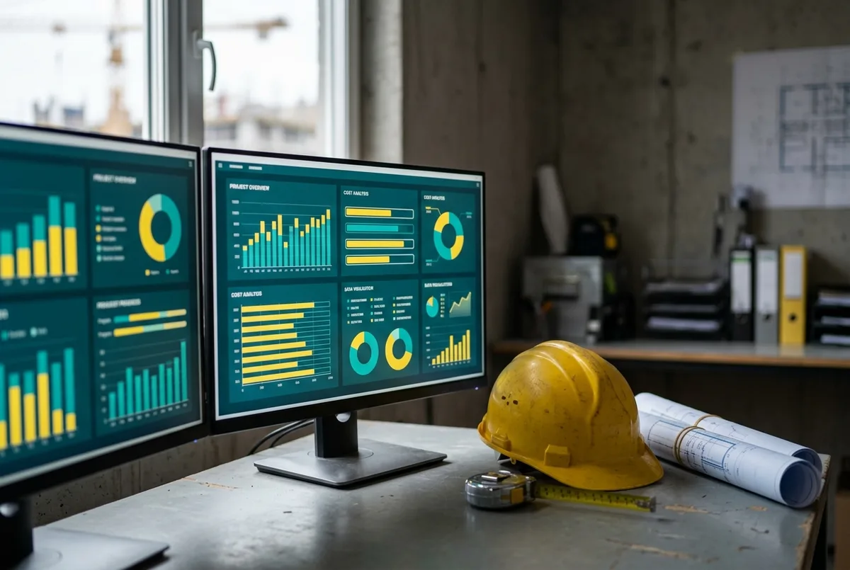 Reckon for Construction business financial reports on dual monitors overlooking a building site