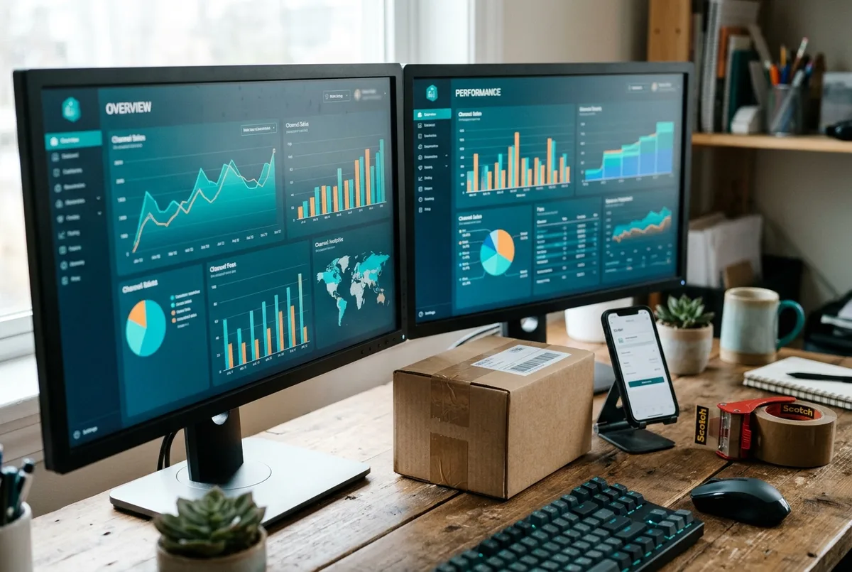 Reckon for Ecommerce business financial reports on dual monitors beside parcel boxes