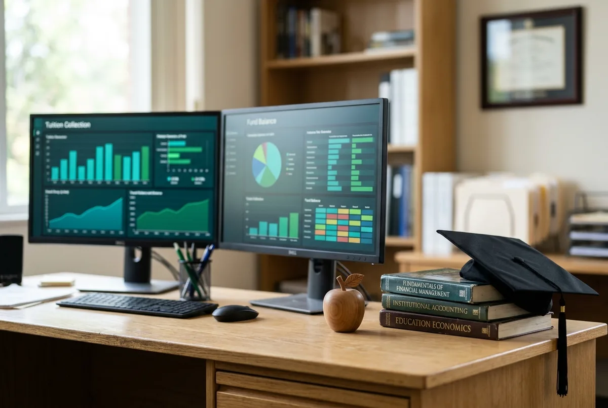 Reckon for Educational Institutions financial reports on dual monitors in a school administration office