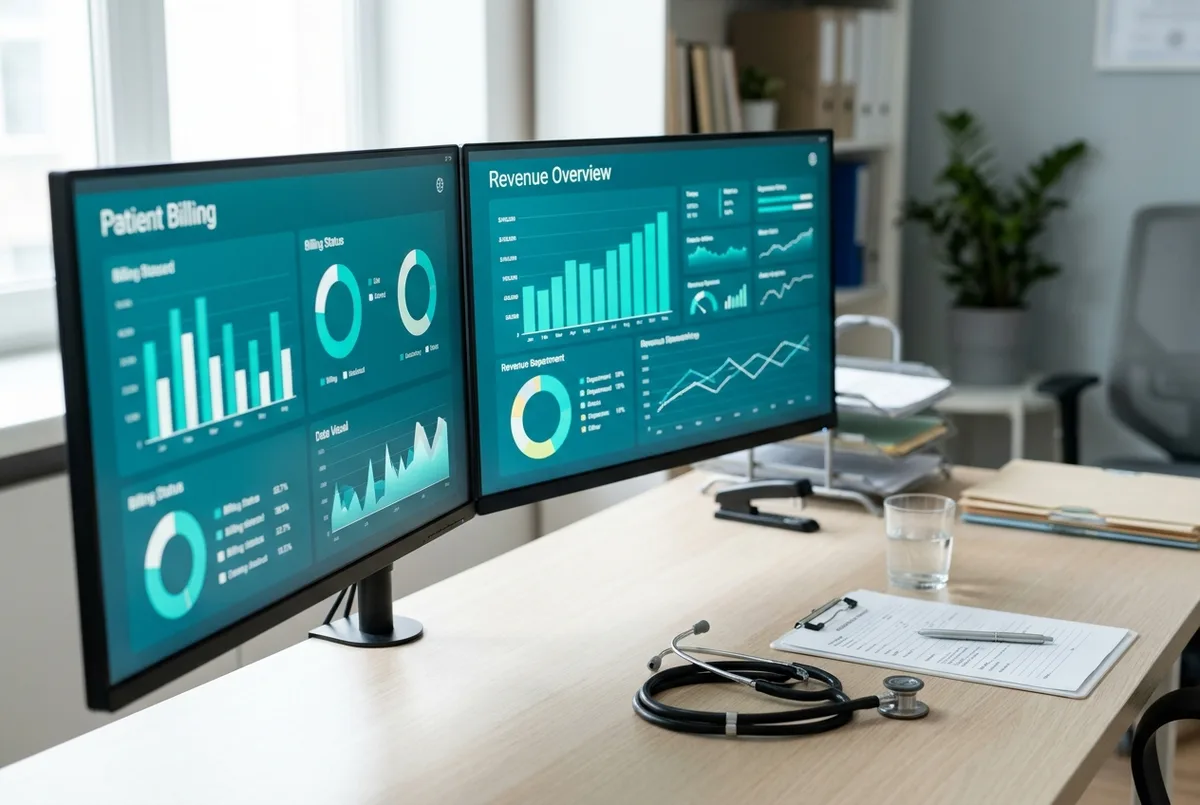 Reckon for Healthcare business financial reports on dual monitors in a modern medical office