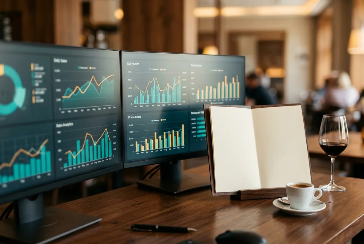 Reckon for Hospitality business financial reports on dual monitors in a busy venue office