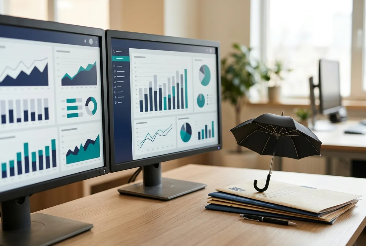 Reckon for Insurance business financial reports on dual monitors in a brokerage office