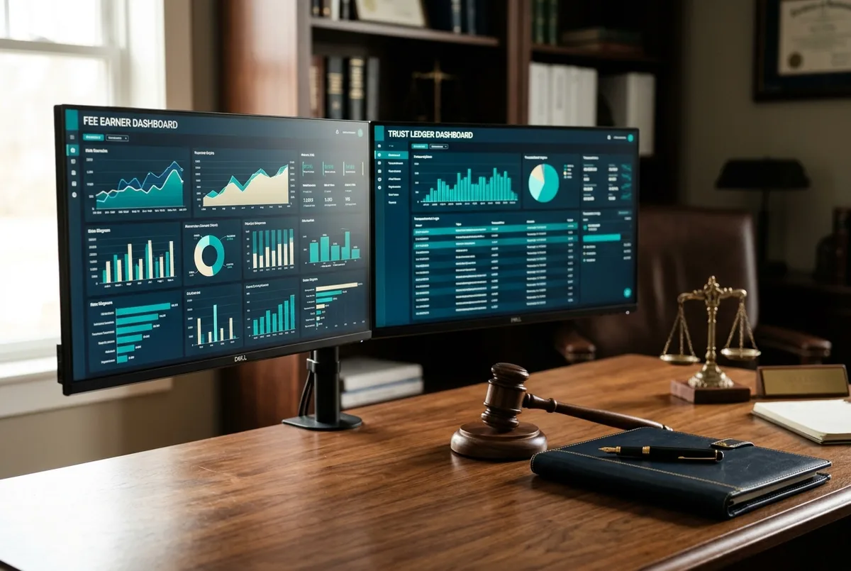 Reckon for Legal business financial reports on dual monitors in a law firm office