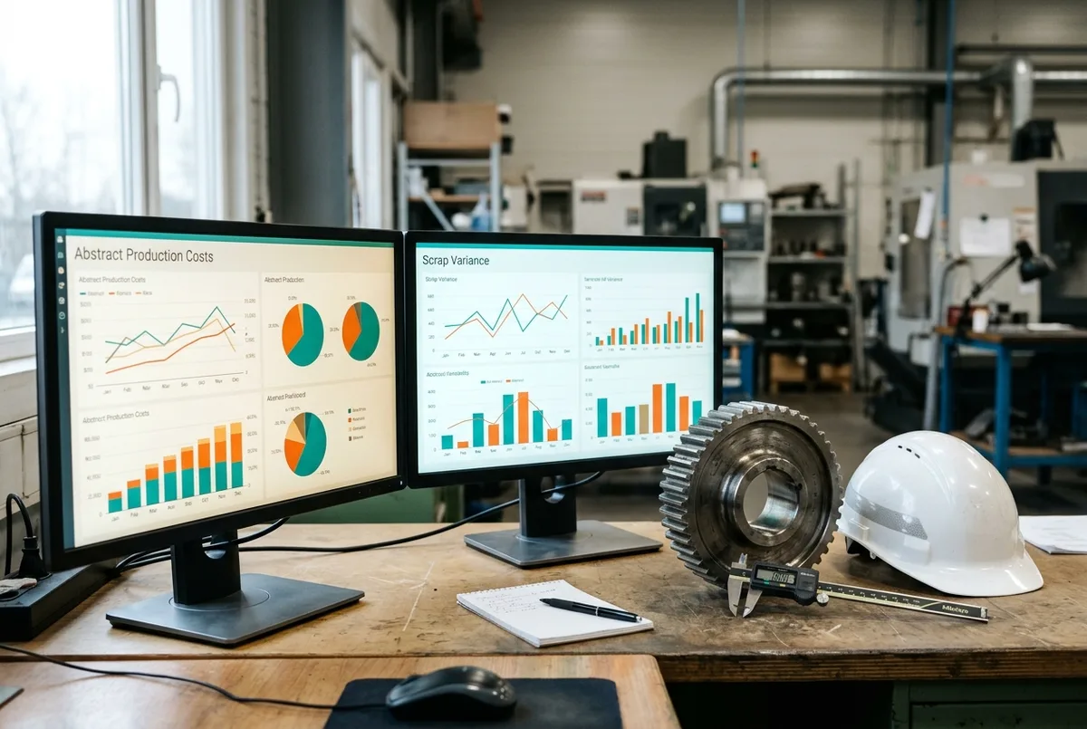 Reckon for Manufacturing Companies financial reports on dual monitors beside a metal gear