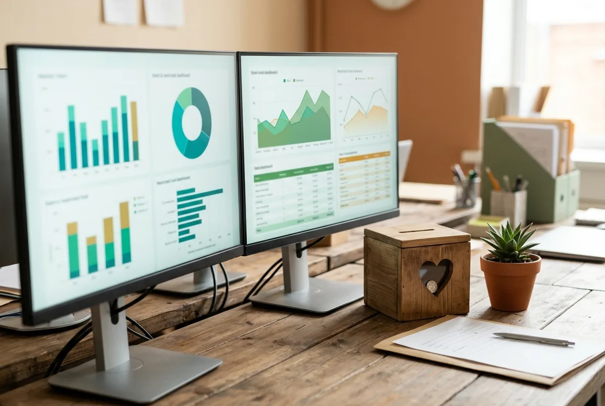 Reckon for Nonprofits financial reports on dual monitors in a charity office