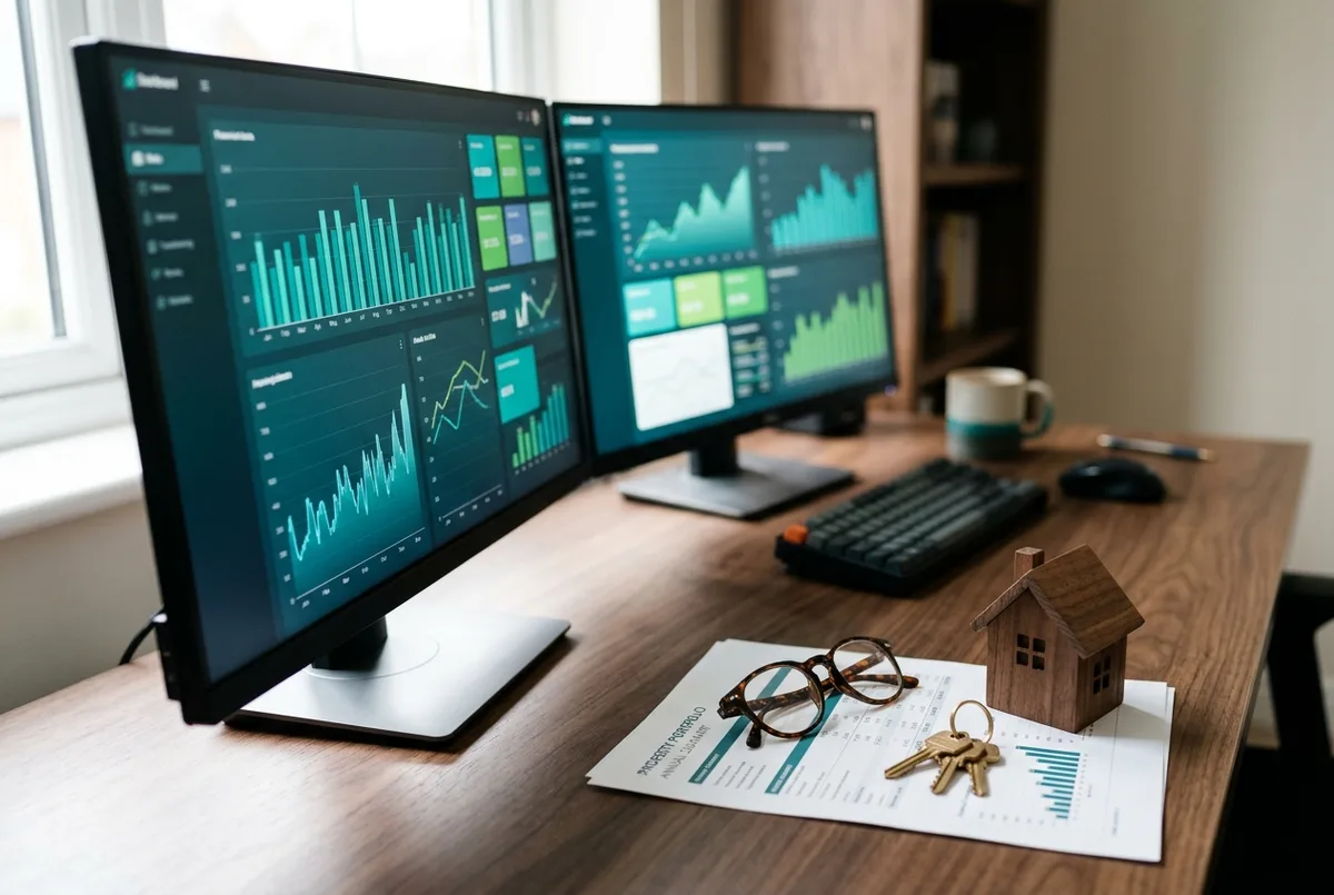 Reckon for Real Estate business financial reports on dual monitors with a harbour city view