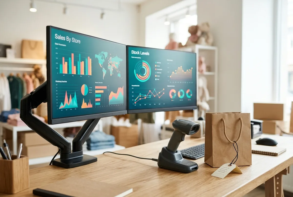 Reckon for Retail business financial reports on dual monitors in a retail head office
