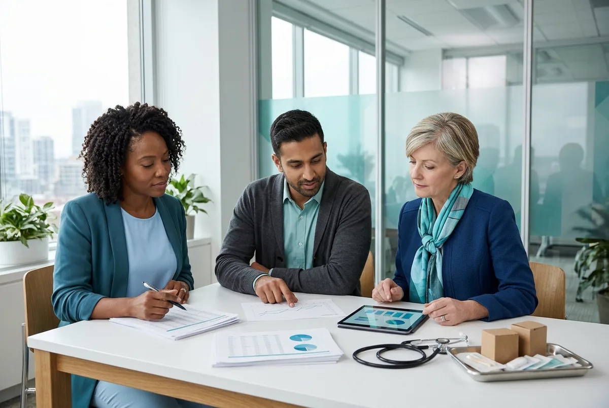 Reckon for Healthcare business accounting team reviewing clinic billing beside a stethoscope and tablet