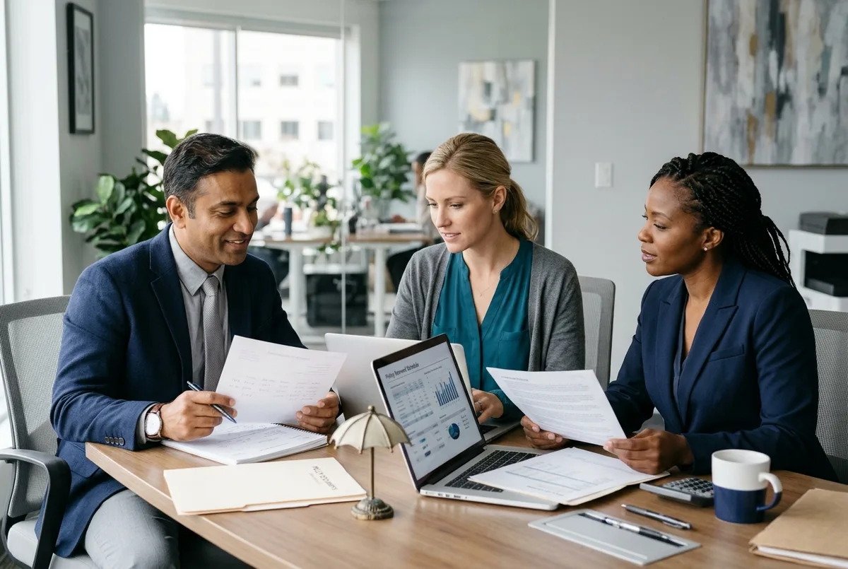 Reckon for Insurance business accounting team reviewing policy commissions beside an umbrella ornament and policy folders
