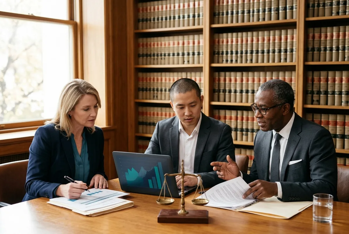 Reckon for Legal business accounting team reviewing trust ledgers beside law books and scales of justice