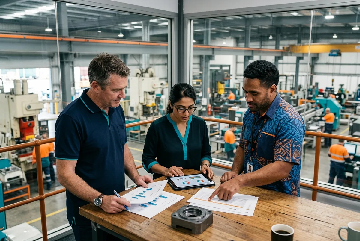Reckon for Manufacturing Companies accounting team reviewing production costs on a factory floor