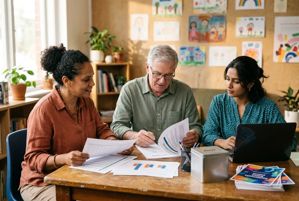 Reckon for Nonprofits accounting team reviewing donor records in a community office beside a donation box