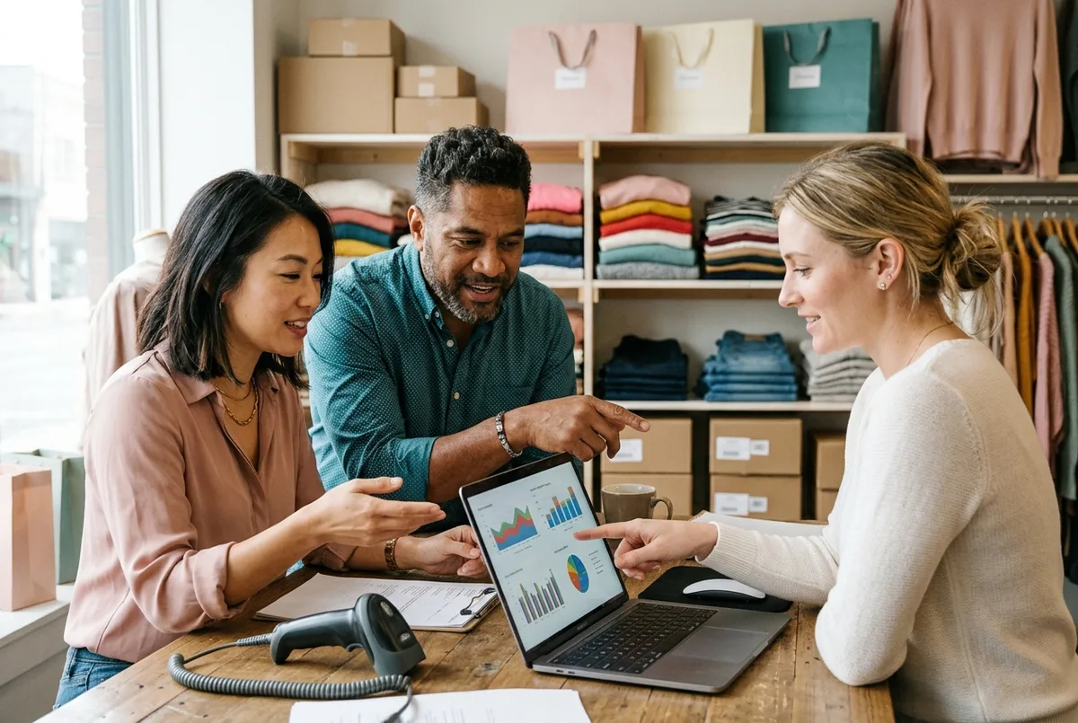Reckon for Retail business accounting team reviewing stock reports in a boutique with a barcode scanner