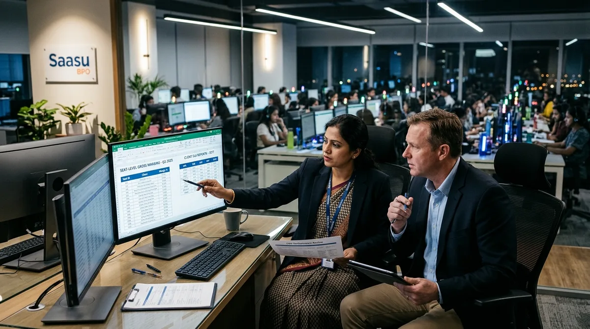 SAASU for BPO business accounting team reviewing seat utilization margins in an operations center