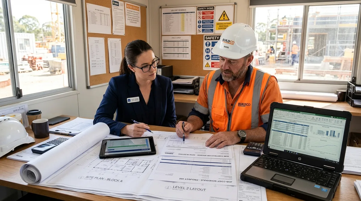 SAASU for Construction business accounting team reviewing site blueprints and job costing files
