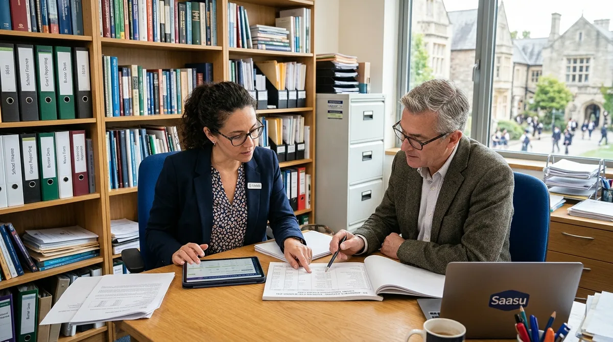SAASU for Educational Institutions accounting team reviewing tuition ledgers in an administrative office
