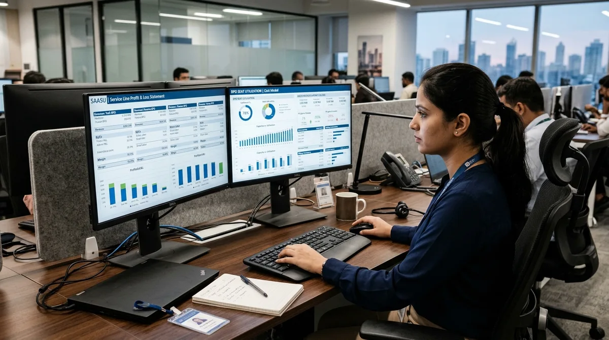 SAASU for BPO business financial reports on dual monitors overlooking a contact center floor