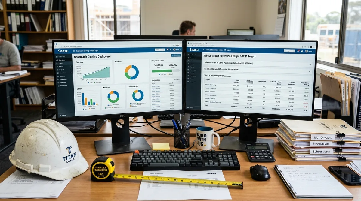 SAASU for Construction business financial reports on dual monitors overlooking a building project